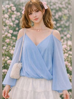 NWT Light Blue Soft Minimalism Cold-Shoulder Blouse Large